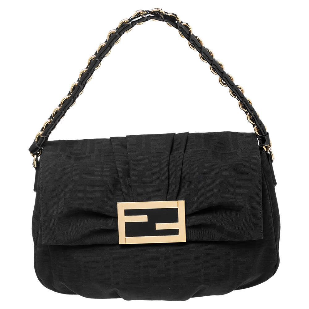 Pre Owned Fendi Black Zucca Canvas and Patent Leather Mia Flap Shoulder Bag