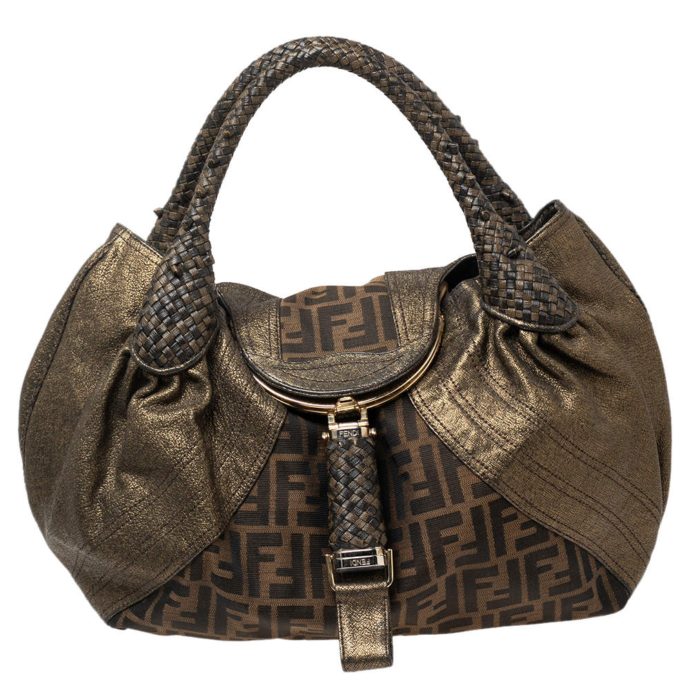 Pre Owned Fendi Tobacco/Metallic Zucca Canvas and Leather Spy Bag