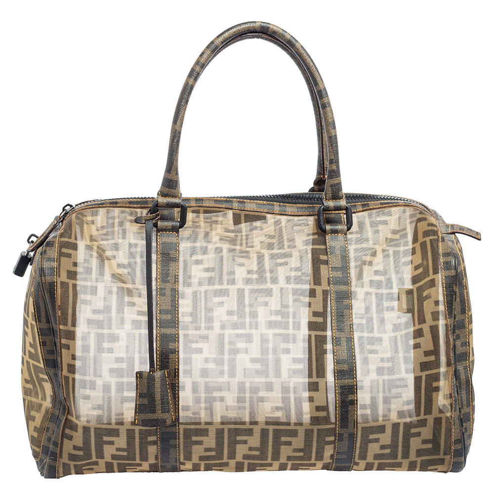 Pre Owned Fendi Tobacco Zucca Mesh and Coated Canvas Boston Duffel Bag