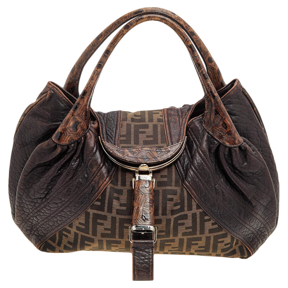 Pre Owned Fendi Tobacco Zucca Canvas And Leather Spy Hobo