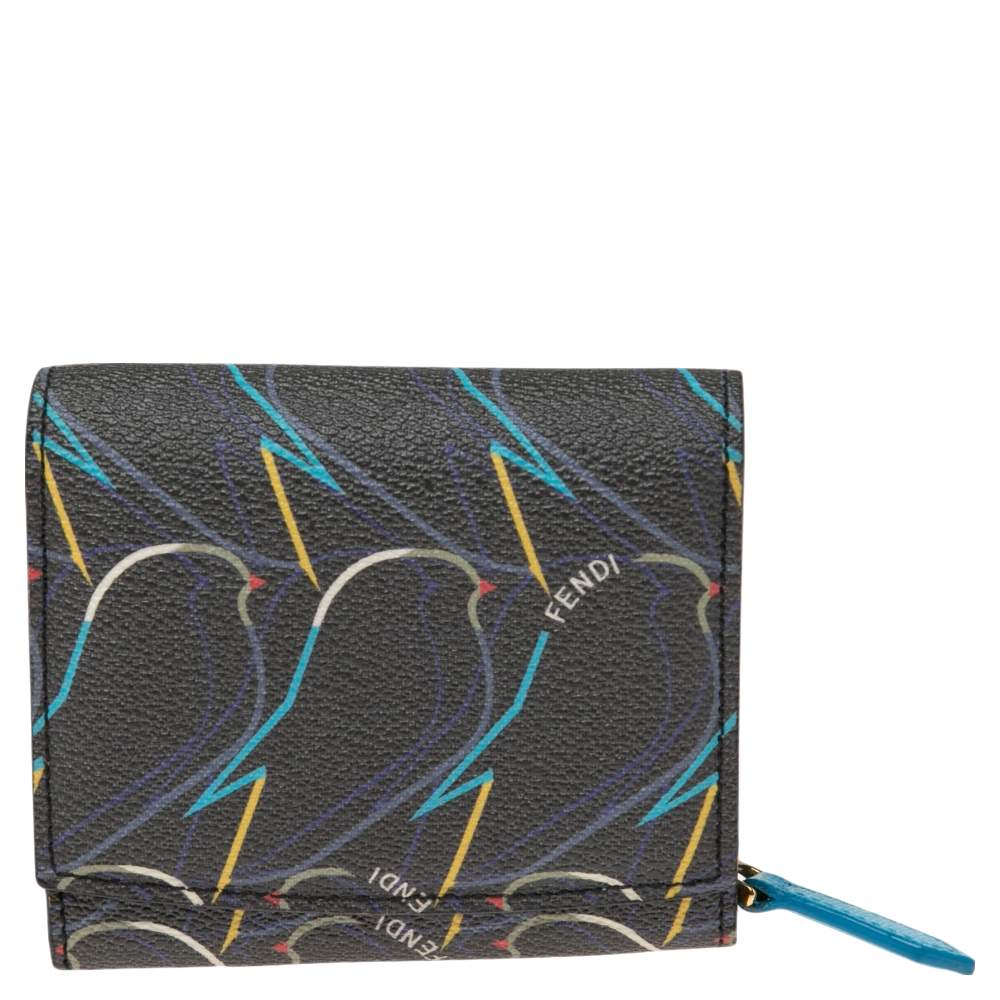 Pre Owned Fendi Multicolor Ellite Birds Print Coated Canvas Flap Compact Wallet
