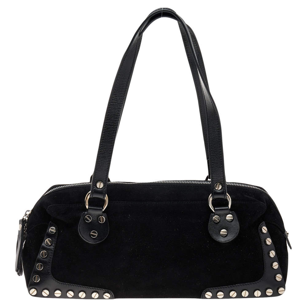 Pre Owned Fendi Black Suede Studded Satchel