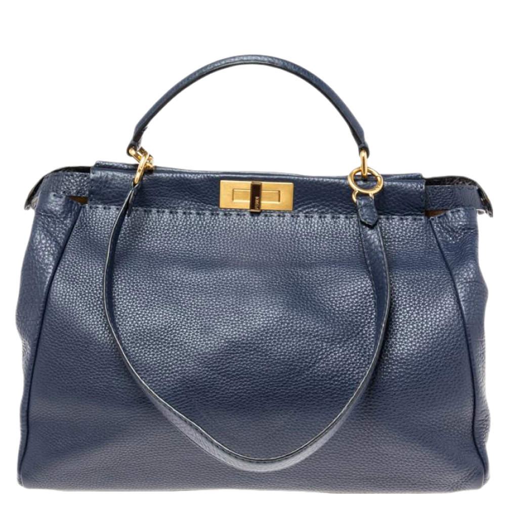 Pre Owned Fendi Blue Selleria Leather Large Peekaboo Top Handle Bag