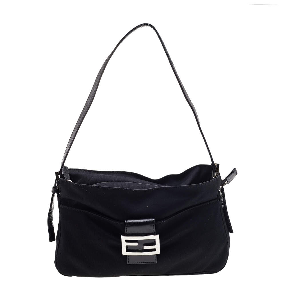 Pre Owned Fendi Black Neoprene and Leather Baguette Bag