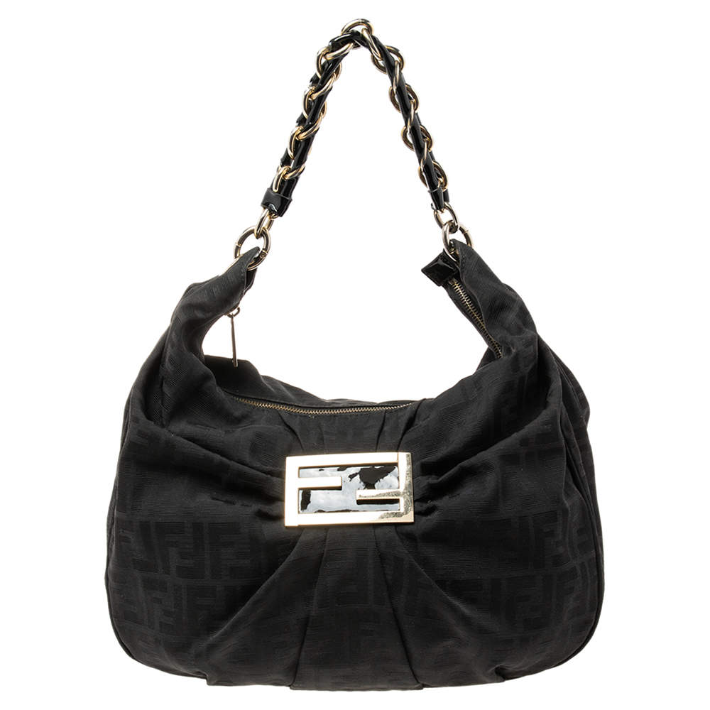 Pre Owned Fendi Black Zucca Canvas Mia Hobo