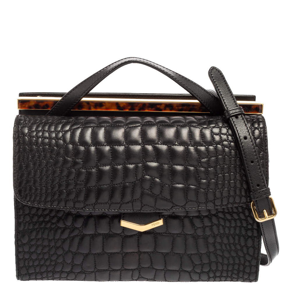 مملوكة مسبقًا Fendi Black Croc Pattern Embroidered Leather Small Demi Jour Top Handle Bag