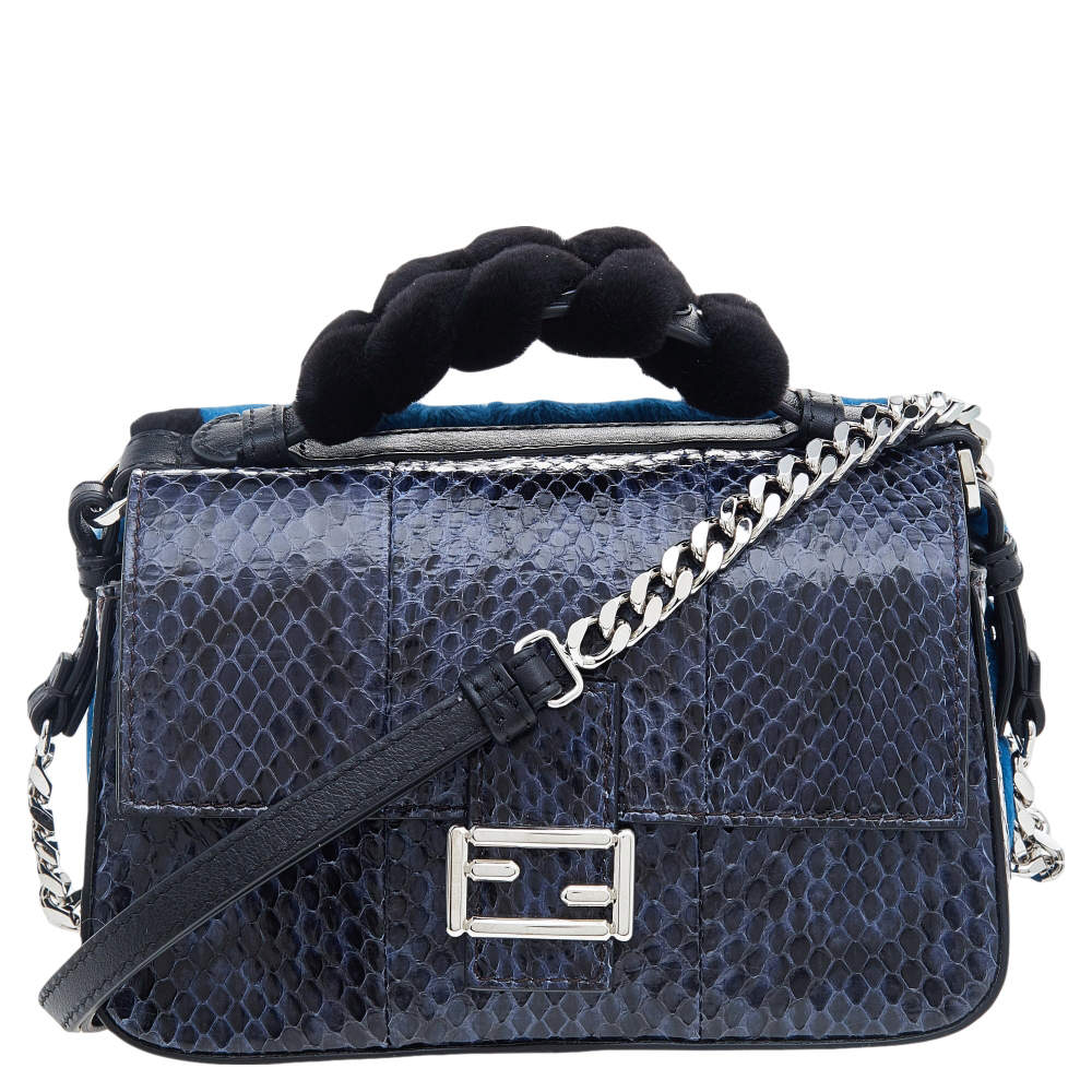 Fendi Blue/Black Python Leather And Fur Micro Baguette Shoulder Bag