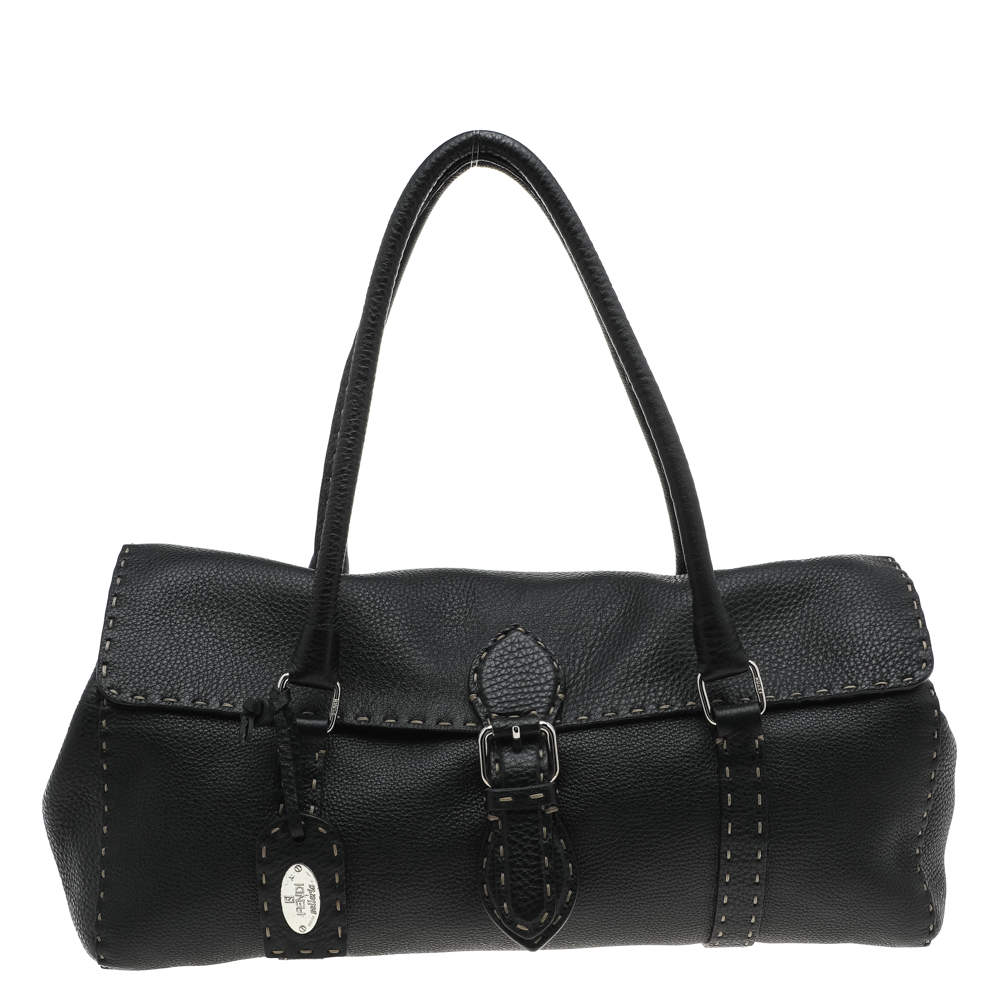 Pre Owned Fendi Black Selleria Leather Linda Flap Satchel