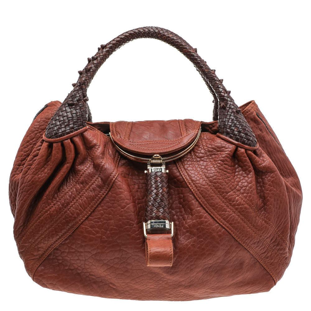 Pre Owned Fendi Brown Textured Leather Braided Handle Spy Hobo