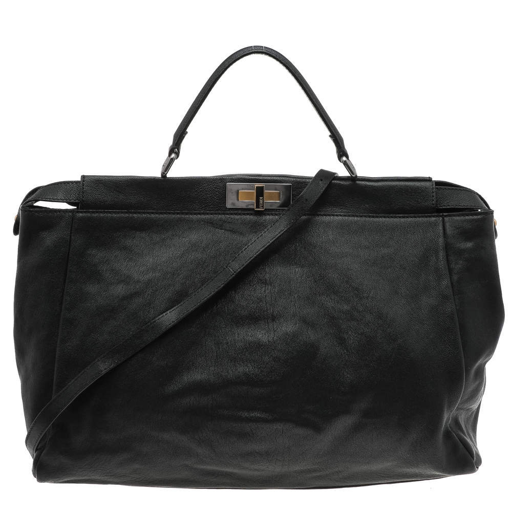 Pre Owned Fendi Black Leather Large Peekaboo Top Handle Bag