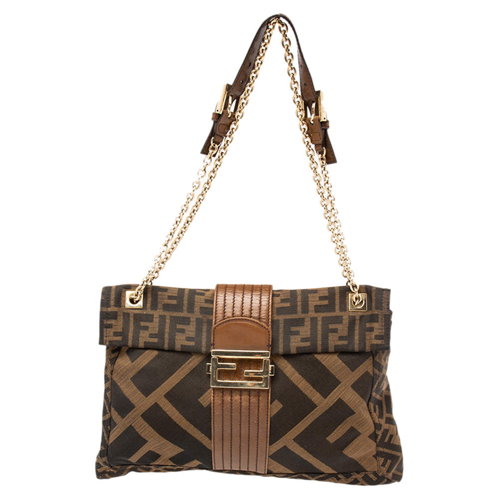 Pre Owned Fendi Tobacco Zucca Canvas And Leather Maxi Baguette Flap Bag