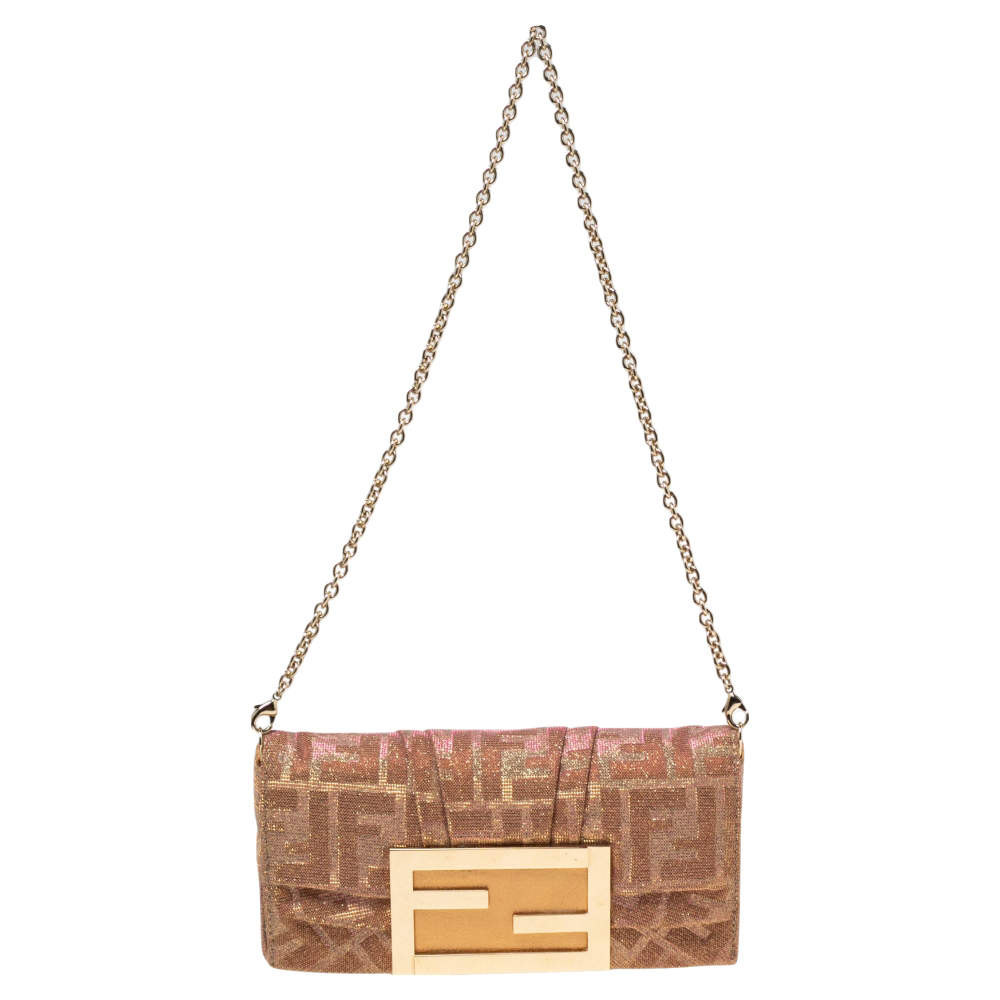 Pre Owned Fendi Gold/Pink Zucca Lurex Fabric Mia Pochette Bag