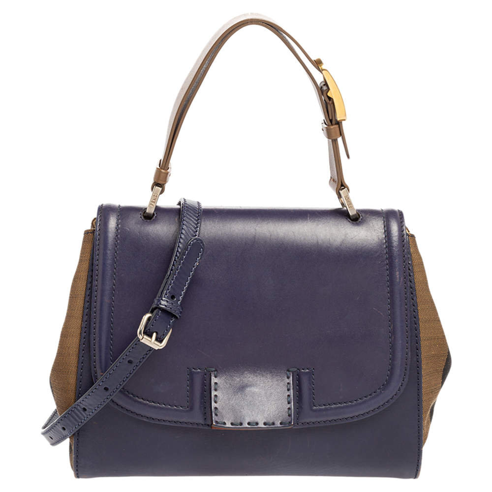 Pre Owned حقيبة فندي سيلفانا جلد وكانفاس مخطط بينغوين توباكو/أزرق يد علوية