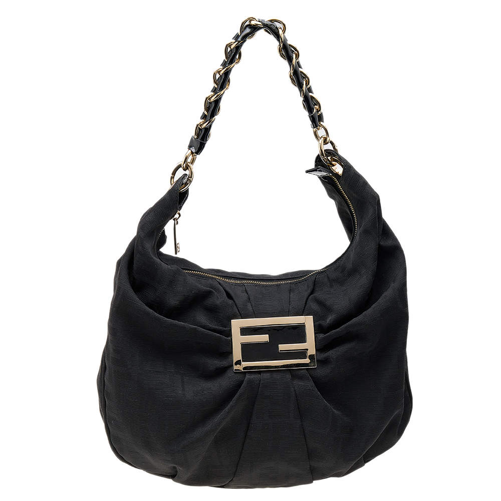 Pre Owned Fendi Black Zucca Canvas Mia Hobo
