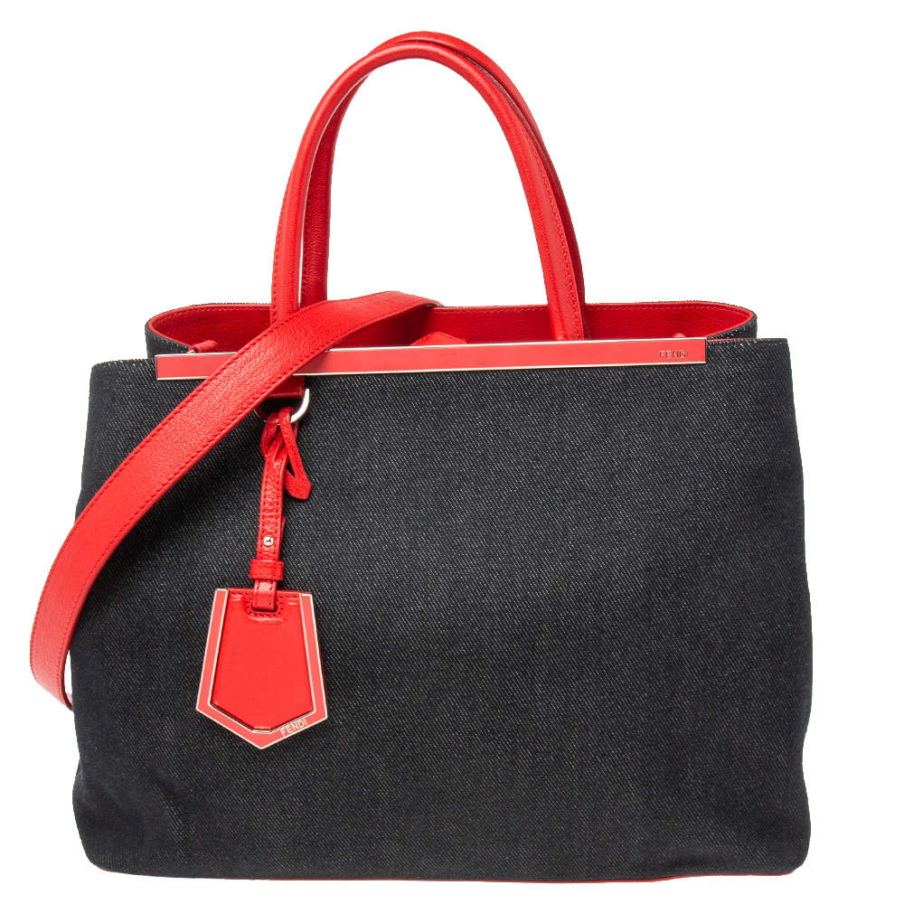 Pre Owned Fendi Navy Blue/Red Denim and Leather Medium 2Jours Tote 