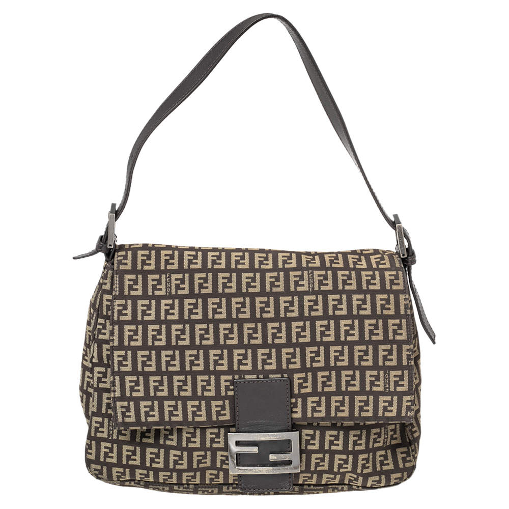 Pre Owned Fendi Brown/Beige Zucchino Canvas and Leather Mama Forever Baguette Bag