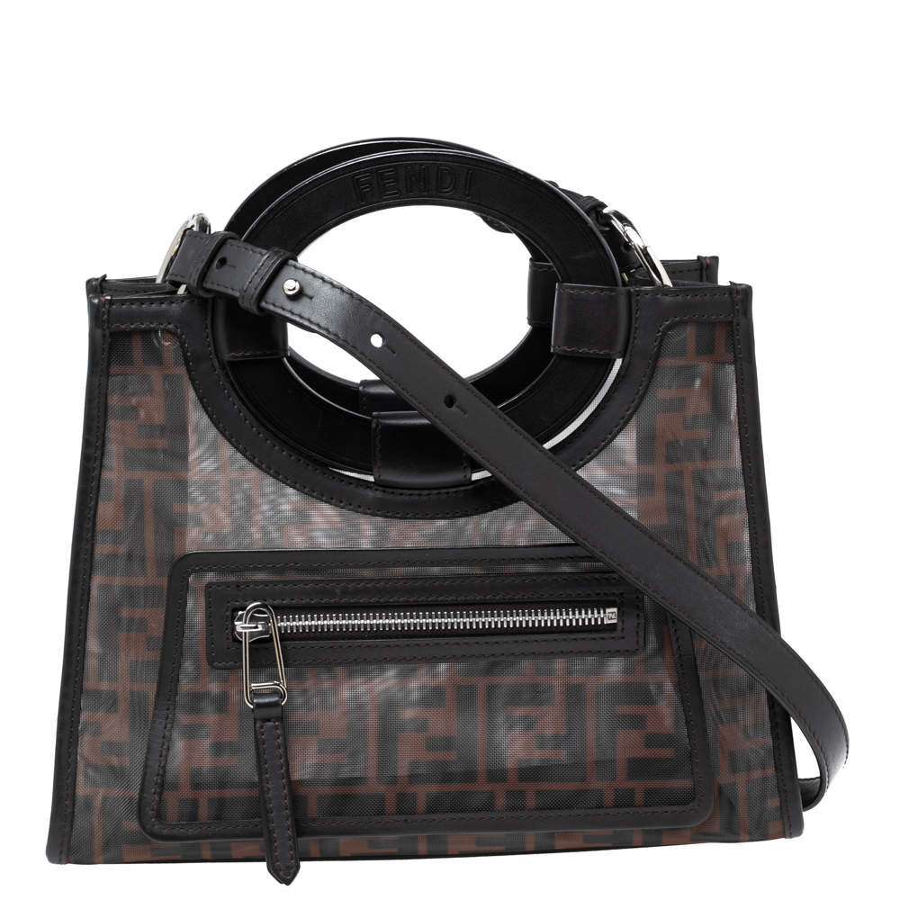 Pre Owned Fendi Tobacco Zucca Mesh and Leather Small Runaway Shopper Tote