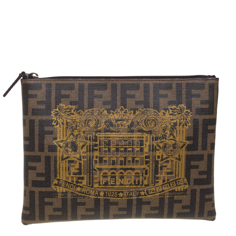 Pre Owned Fendi Tobacco Zucca Coated Canvas Flat Zip Pouch