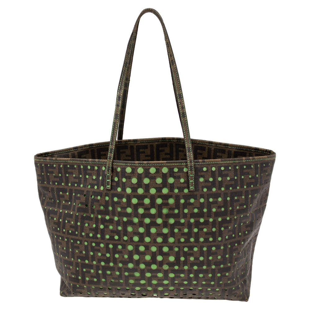 Pre Owned Fendi Perforated Tobacco Zucca Coated Canvas Spalmati Roll Shopper Tote
