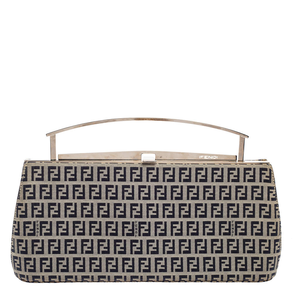 Pre Owned Fendi Navy Blue/White Zucchino Canvas Metal Frame Clutch