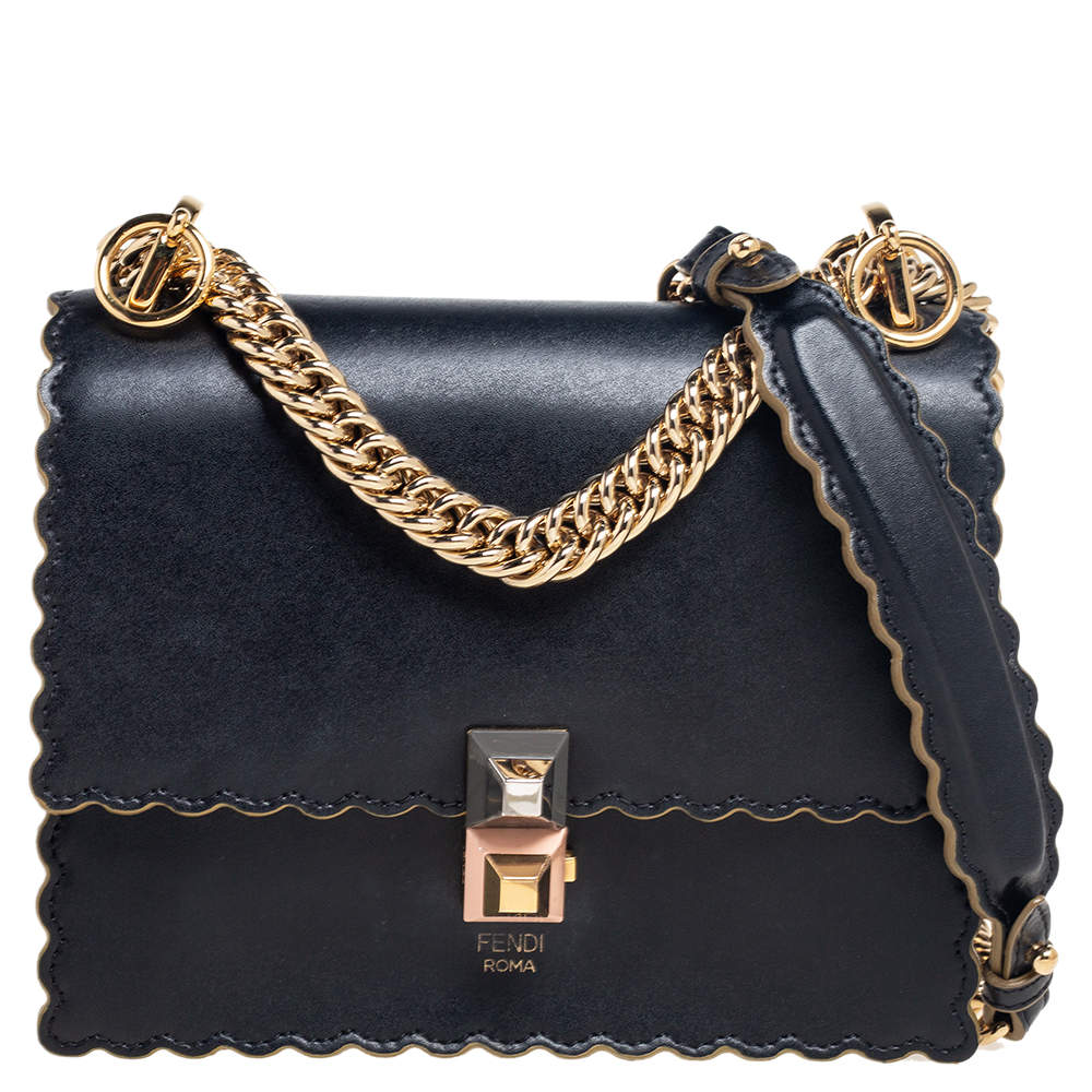 Pre Owned Fendi Black Leather Small Scalloped Kan I Shoulder Bag