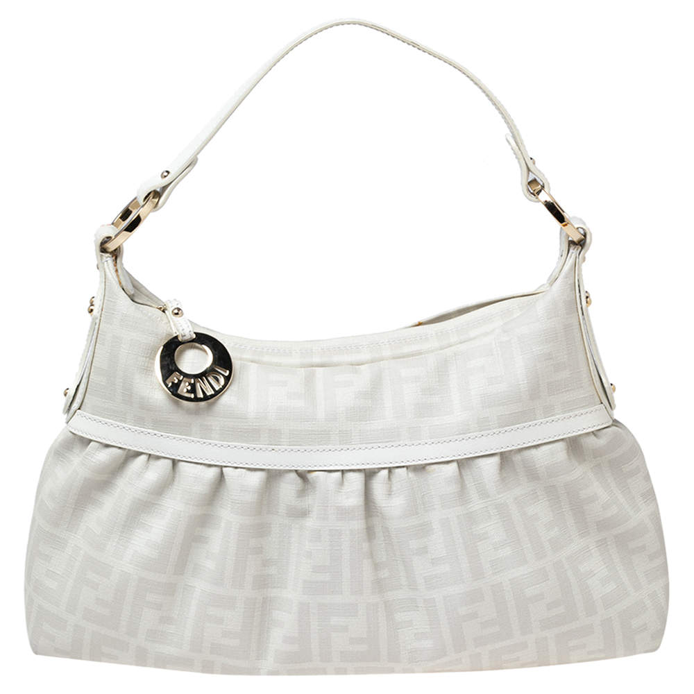 Pre Owned Fendi White FF Zucca Coated Canvas Chef Hobo