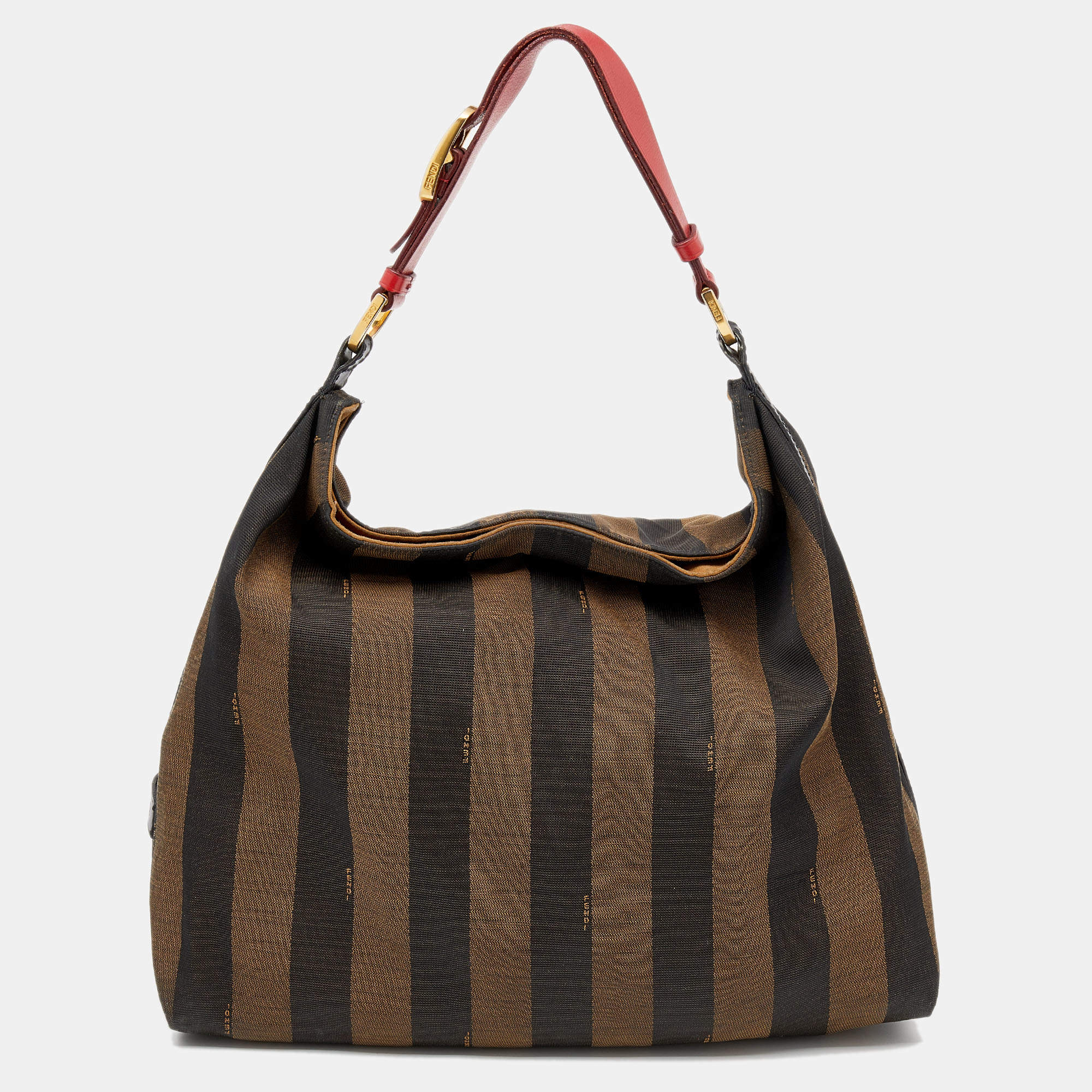 Pre Owned Fendi Tobacco/Red Pequin Canvas and Leather Hobo