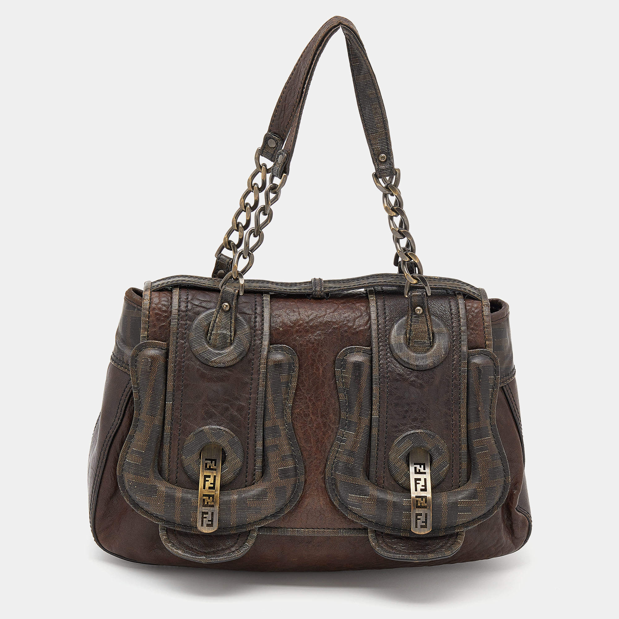 Pre Owned Fendi Brown Leather and Zucca Canvas B Shoulder Bag