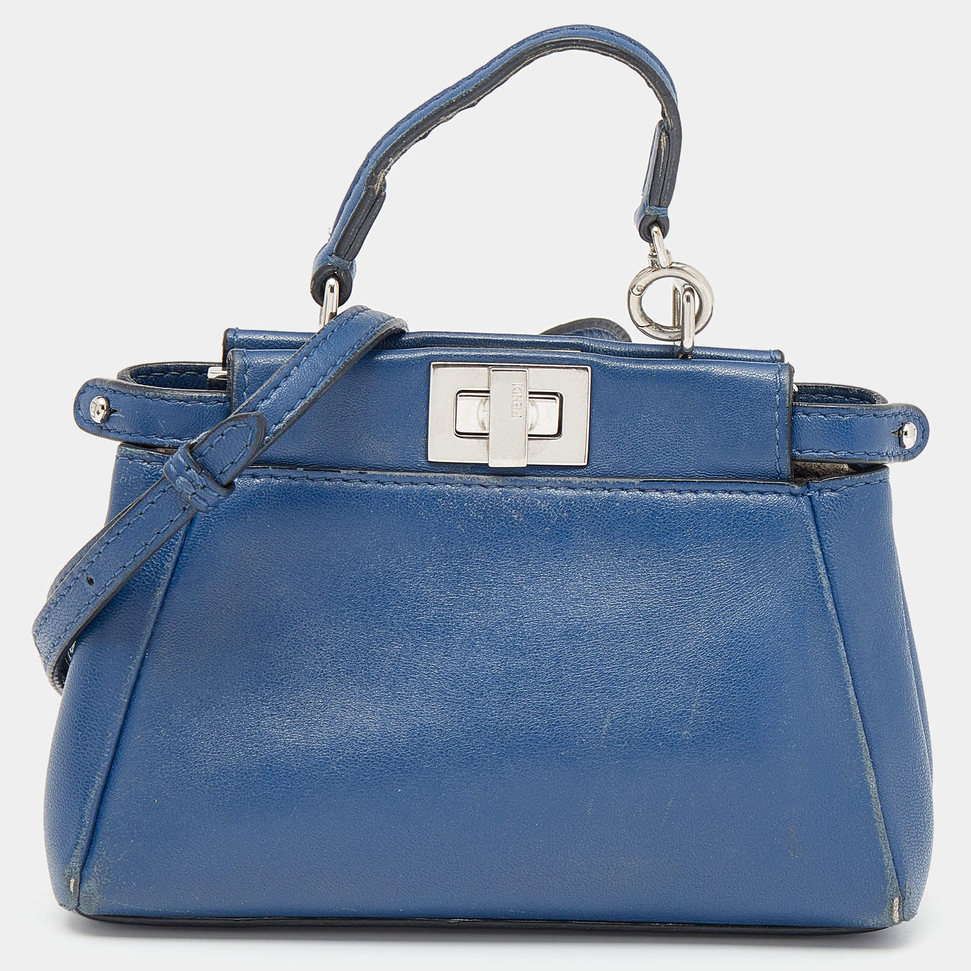 Pre Owned Fendi Blue Leather Micro Peekaboo Top Handle Bag