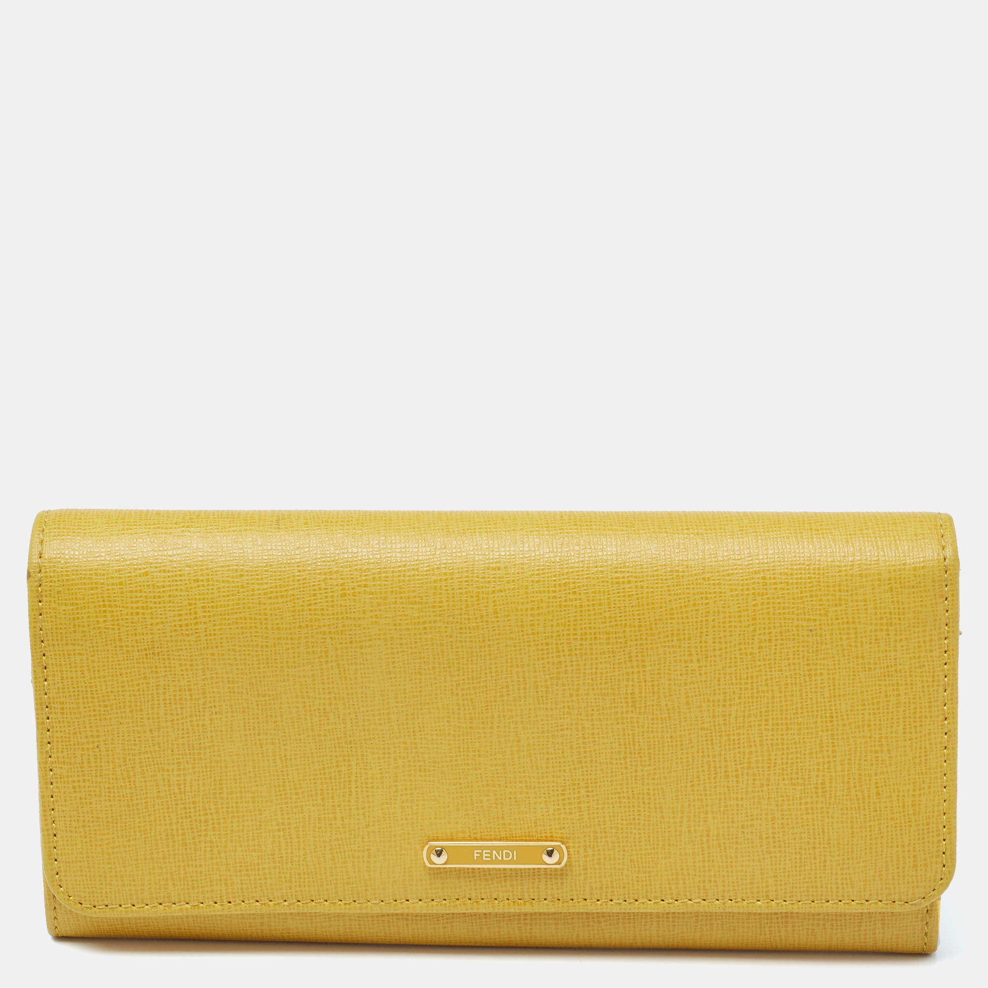 Pre Owned Fendi Yellow Leather Flap Continental Wallet