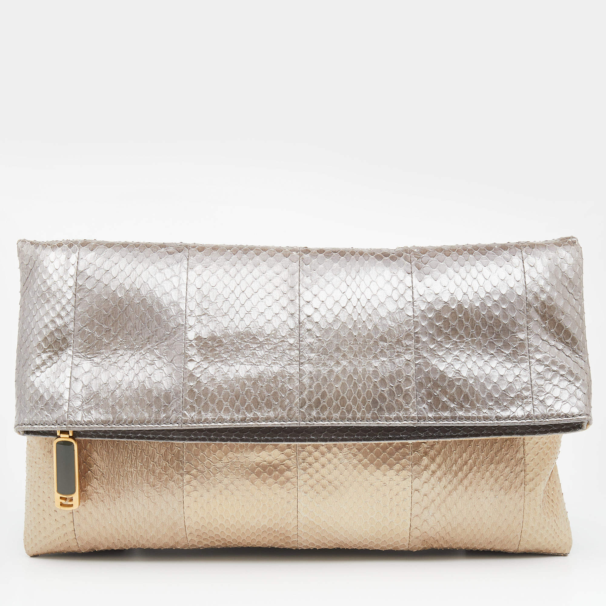 Pre Owned Fendi Metallic Grey/Beige Python Leather Fold Over Clutch
