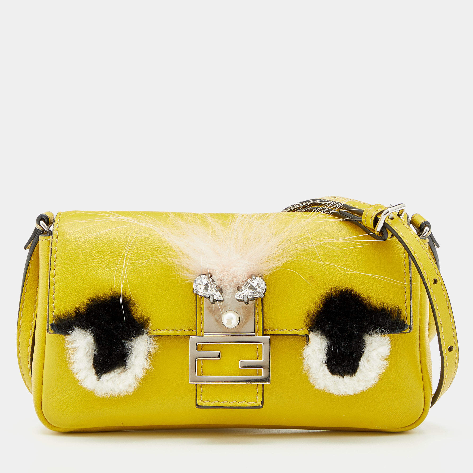 Pre Owned Fendi Yellow Leather And Fur Micro Monster Baguette