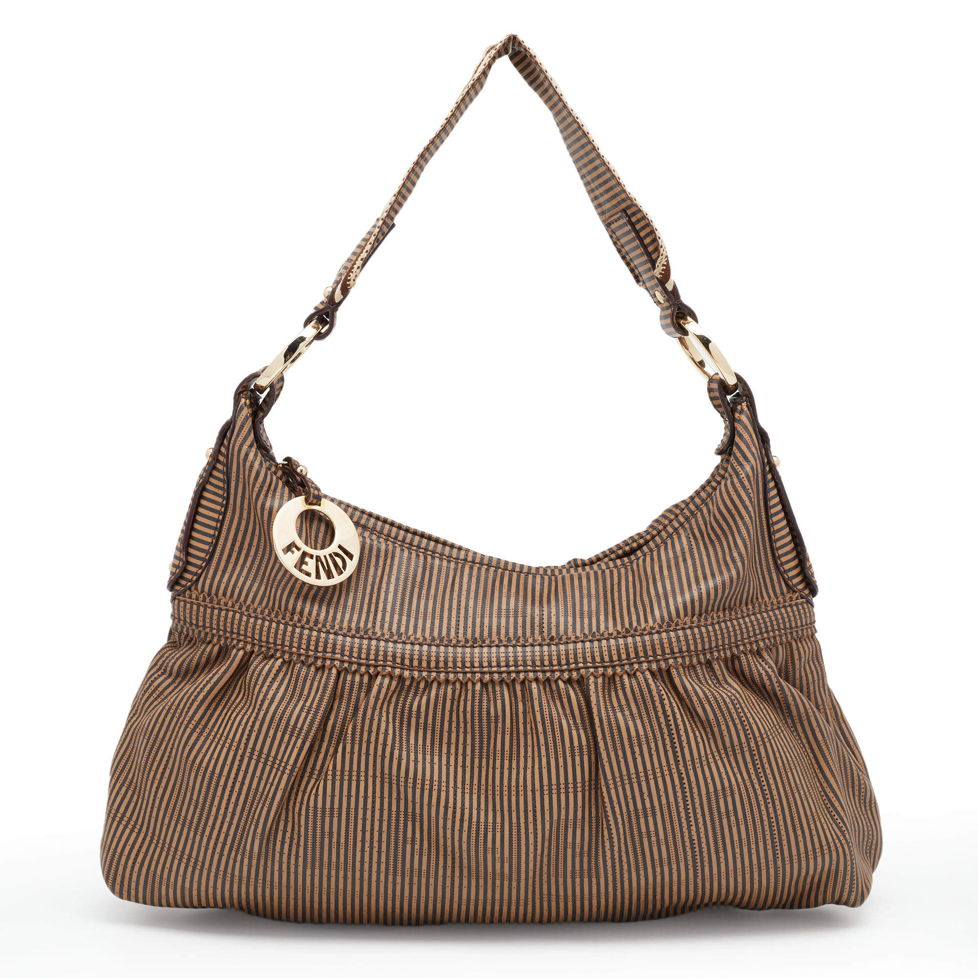 Pre Owned Fendi Brown FF Perforated Logo Stripe Leather Chef Hobo