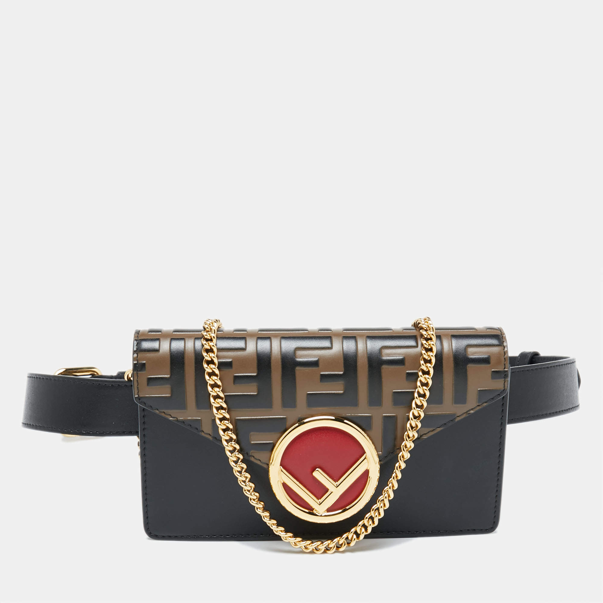 Fendi Black/Tobacco Zucca Leather Kan I F Chain Belt Bag