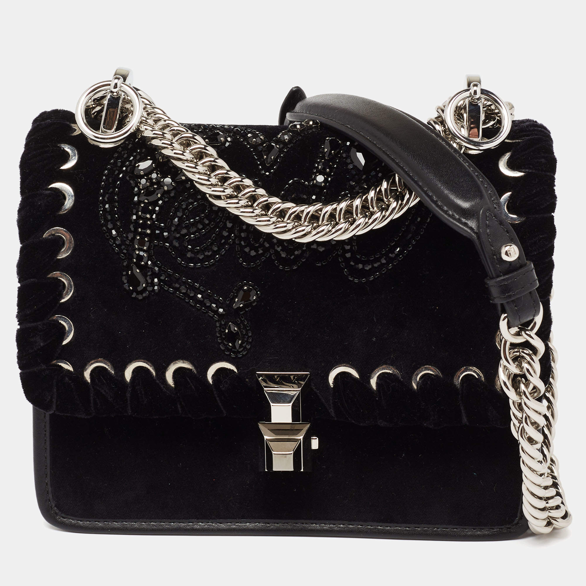 Pre Owned Fendi Black Velvet and Leather Small Kan I Logo Embellished Top Handle Bag
