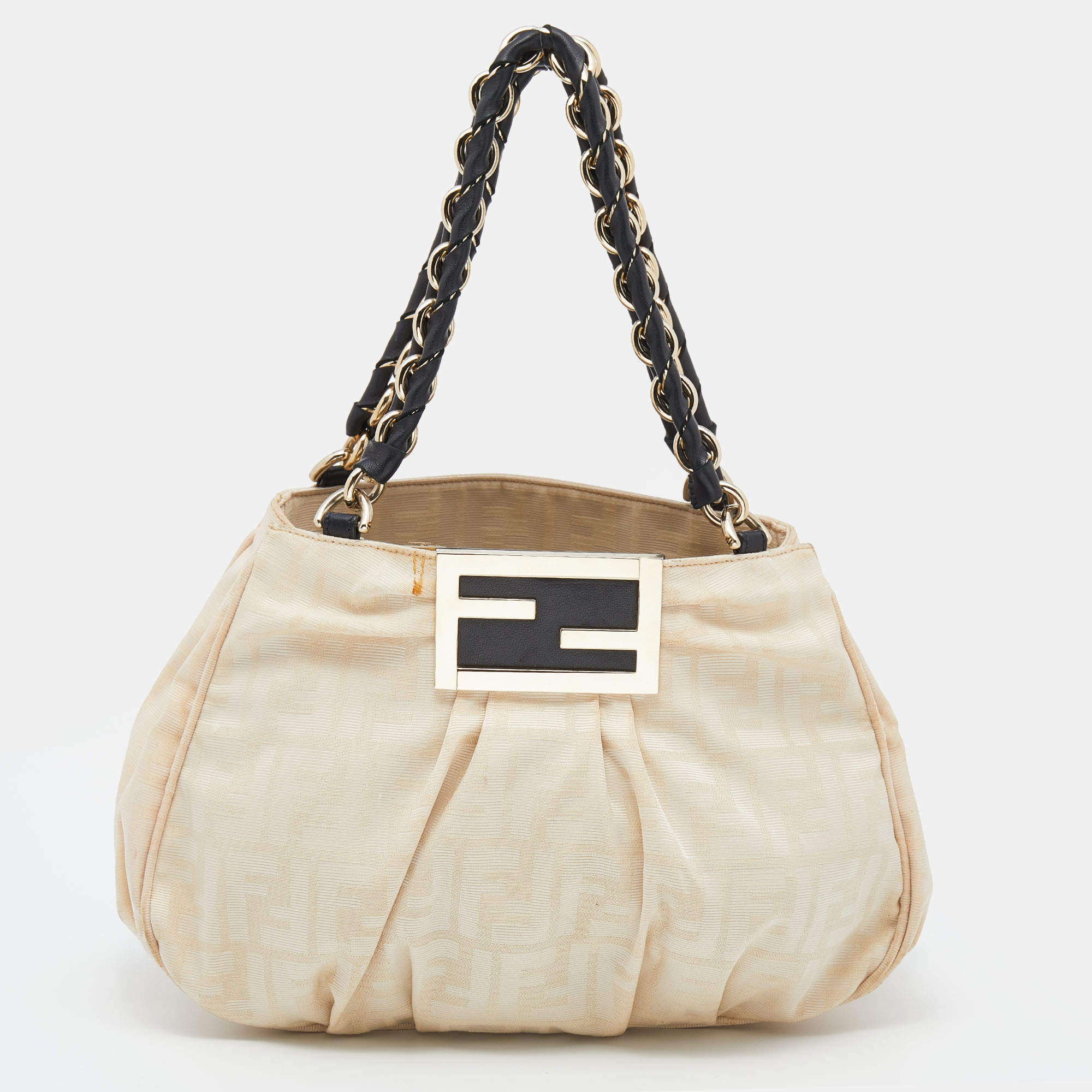 Pre Owned Fendi Light Beige Zucca Canvas Small Mia Tote