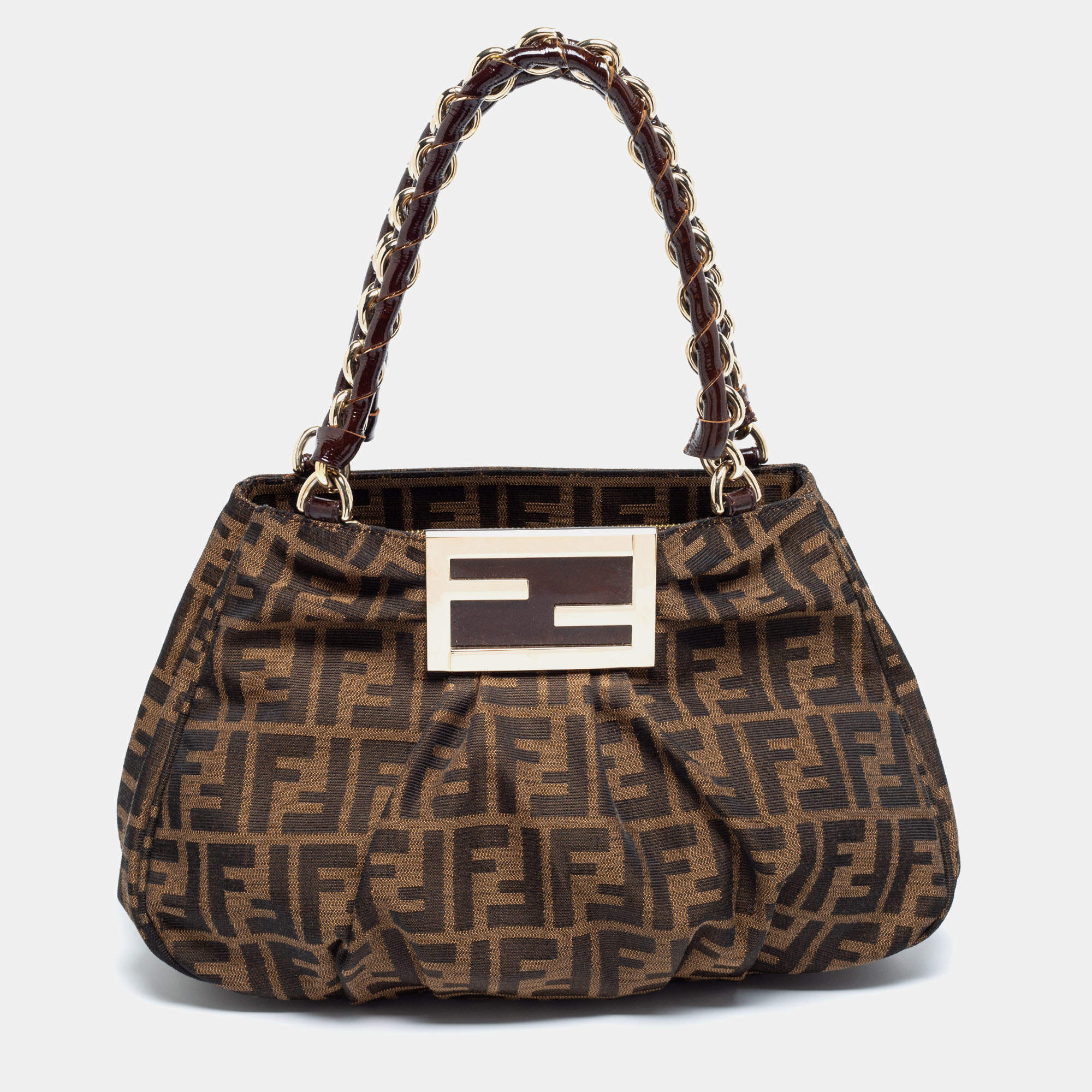 Pre Owned Fendi Tobacco Zucca Canvas and Patent Leather Small Mia Hobo