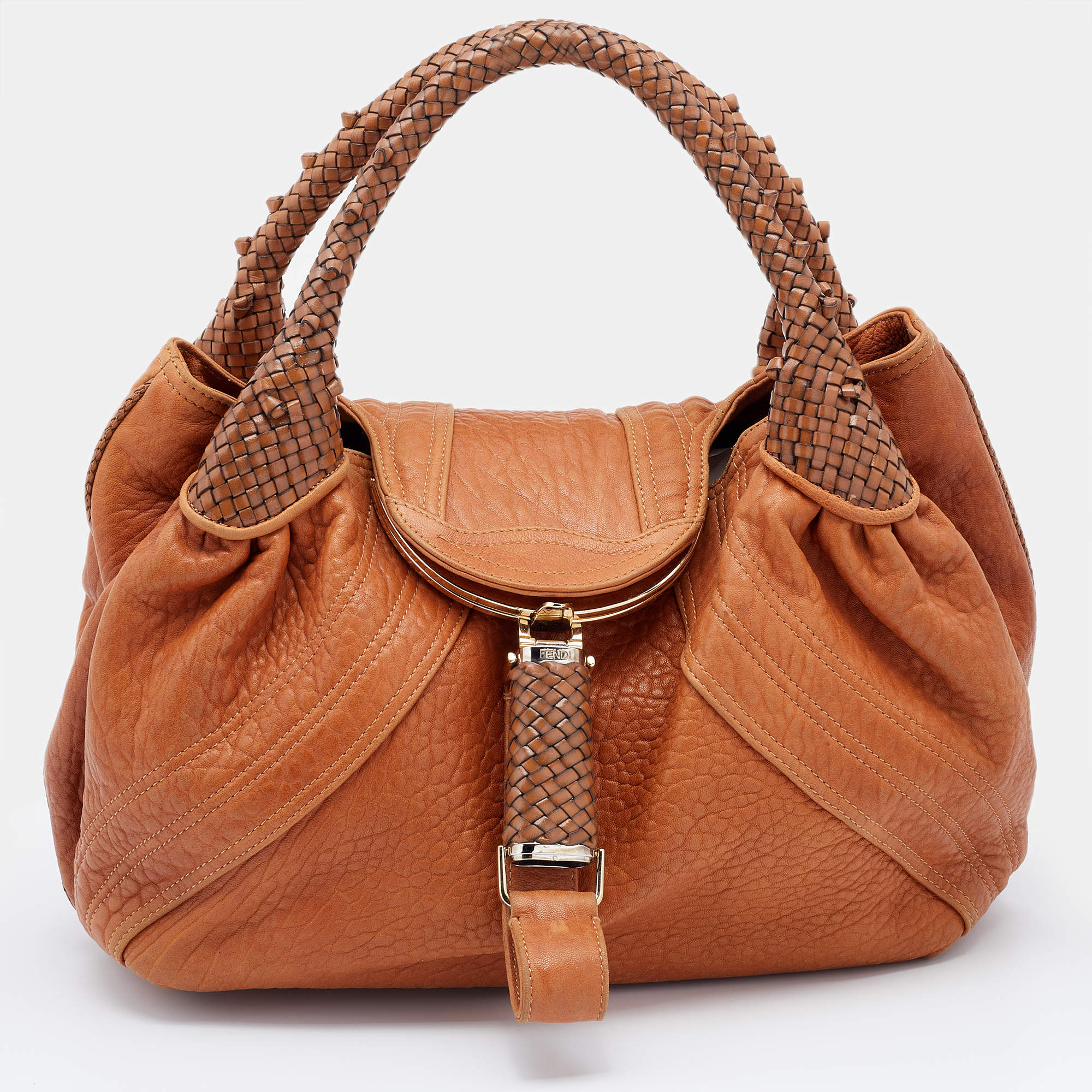 Pre Owned Fendi Tan Textured Leather Spy Bag