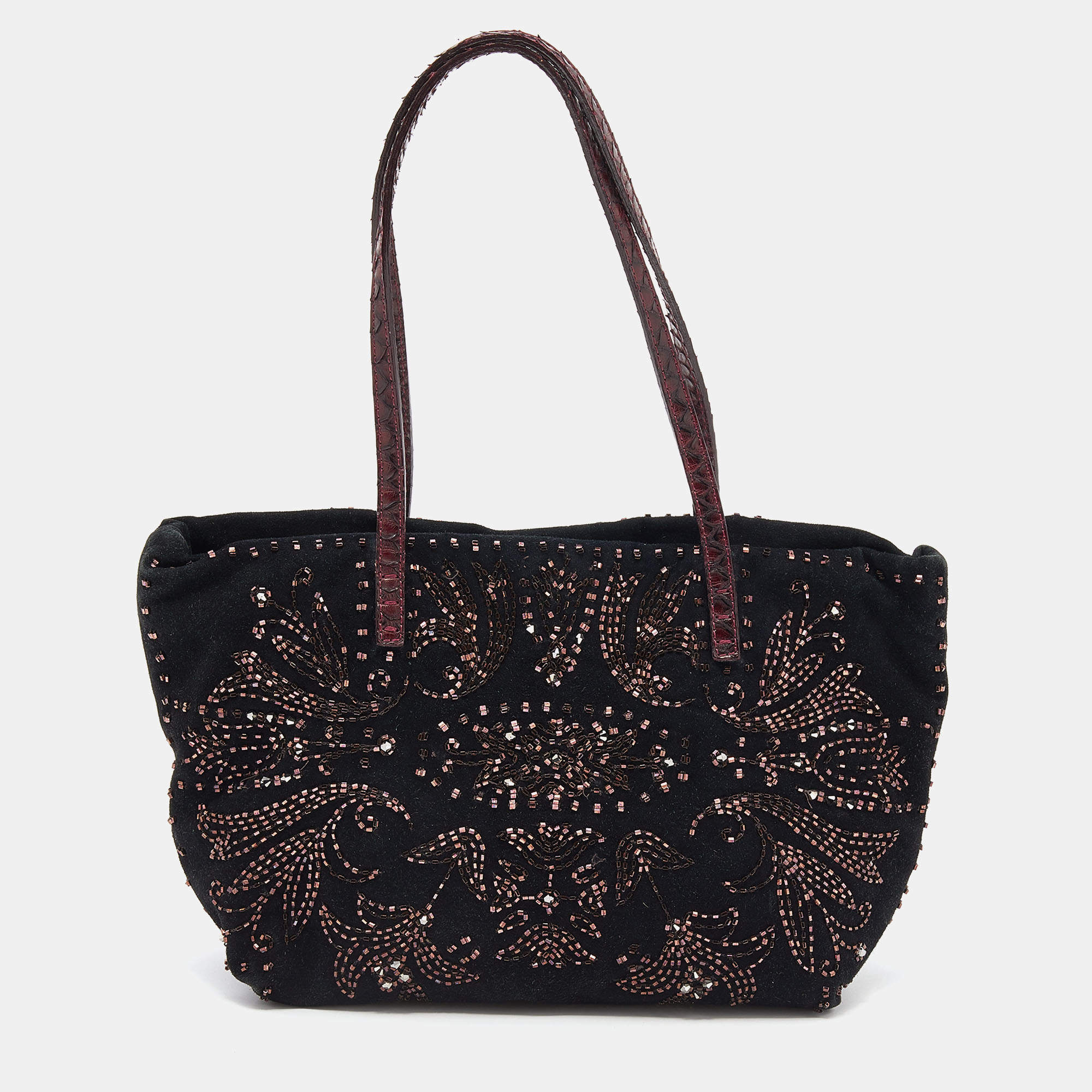 Pre Owned Fendi Black Beads Embellishment Suede and Python Tote 