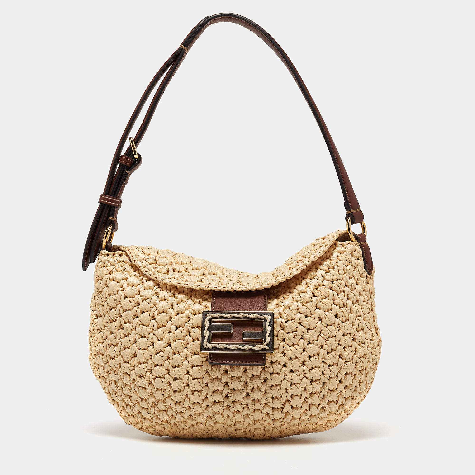 Pre Owned Fendi Beige/Brown Woven Wicker and Leather Small Croissant Hobo 