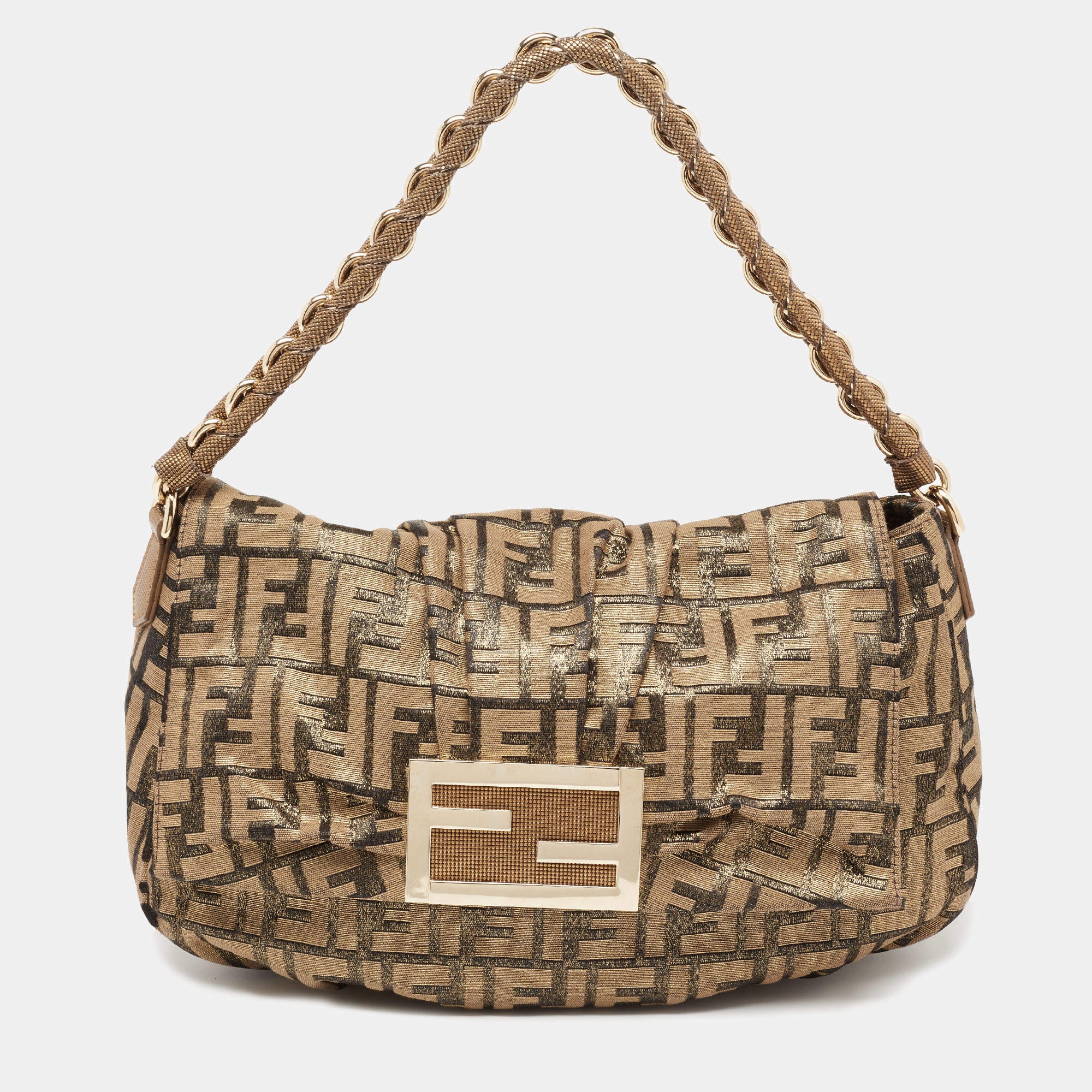 Pre Owned Fendi Silver/Gold Zucca Lurex Fabric Mia Flap Shoulder Bag