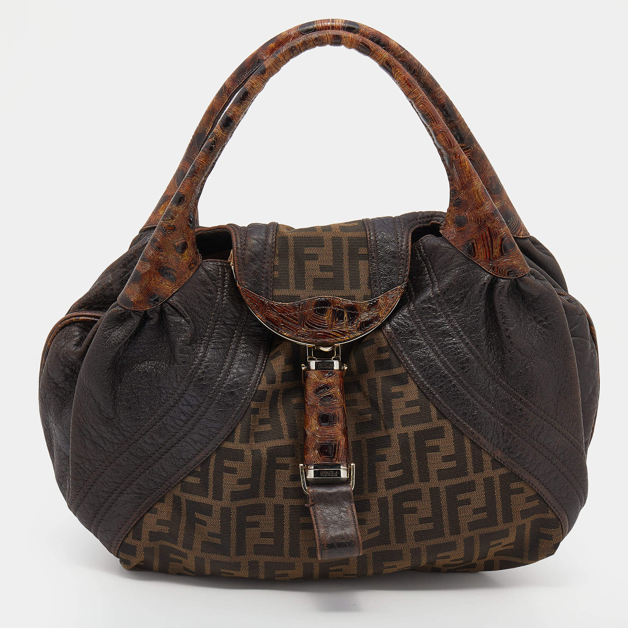 Pre Owned Fendi Tobacco Zucca Canvas And Ostrich Spy Hobo