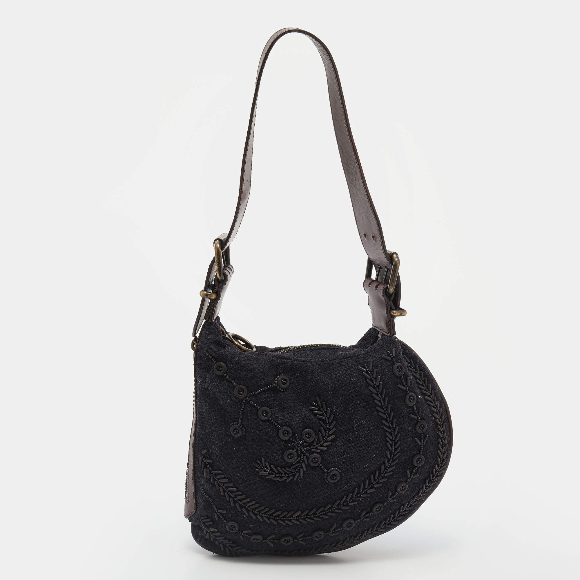 Pre Owned Fendi Black/Brown Canvas and Leather Beaded Oyster Hobo