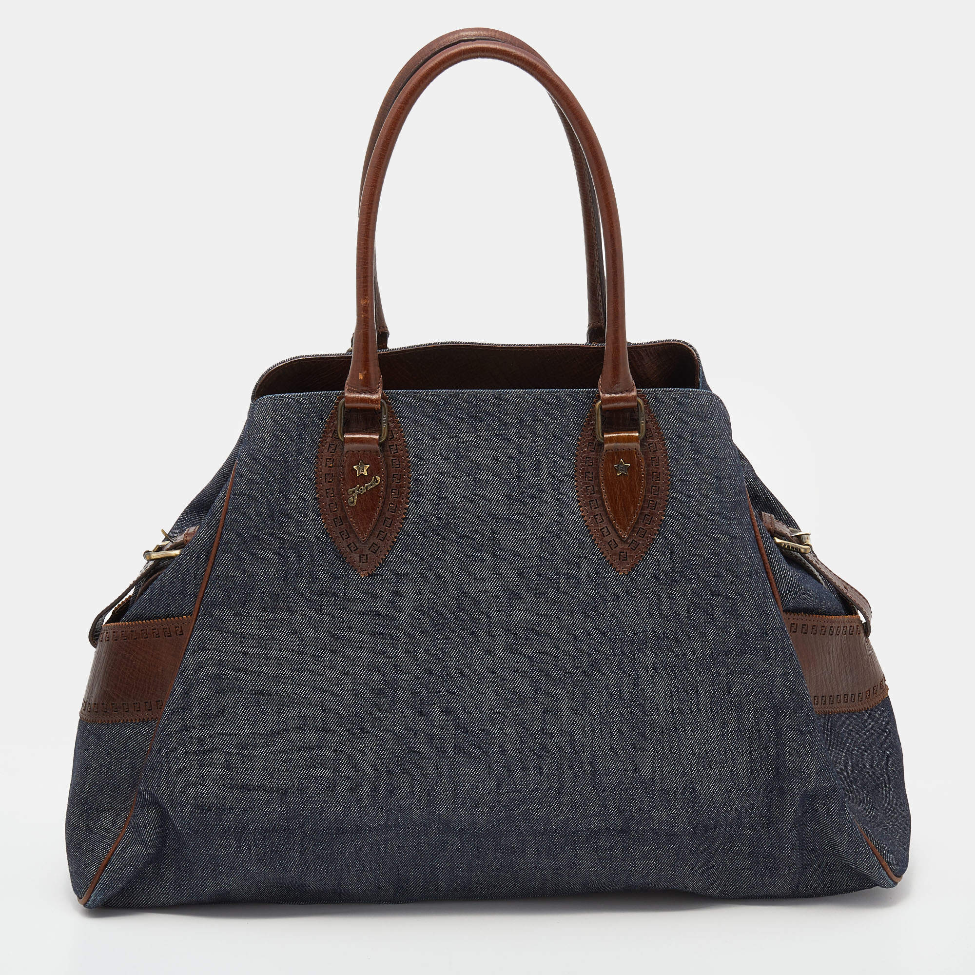 Pre Owned Fendi Blue/Dark Brown Denim And Leather De Jour Satchel