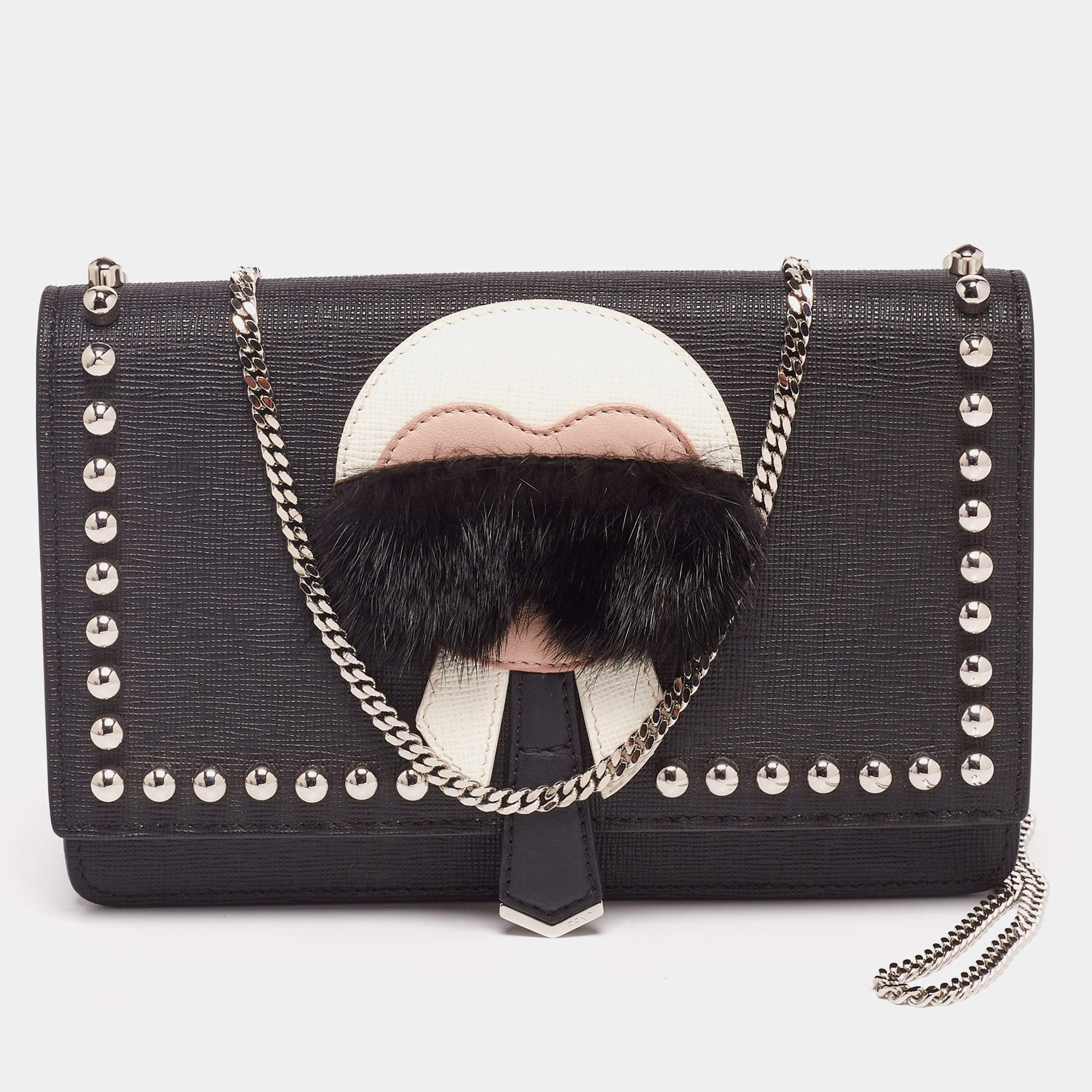 Pre Owned Fendi Black Leather Karlito Wallet on Chain Bag