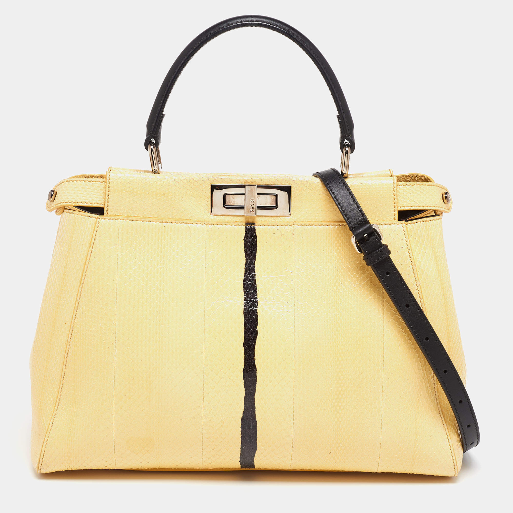 Pre Owned Fendi Cream/Black Python Medium Peekaboo Top Handle Bag