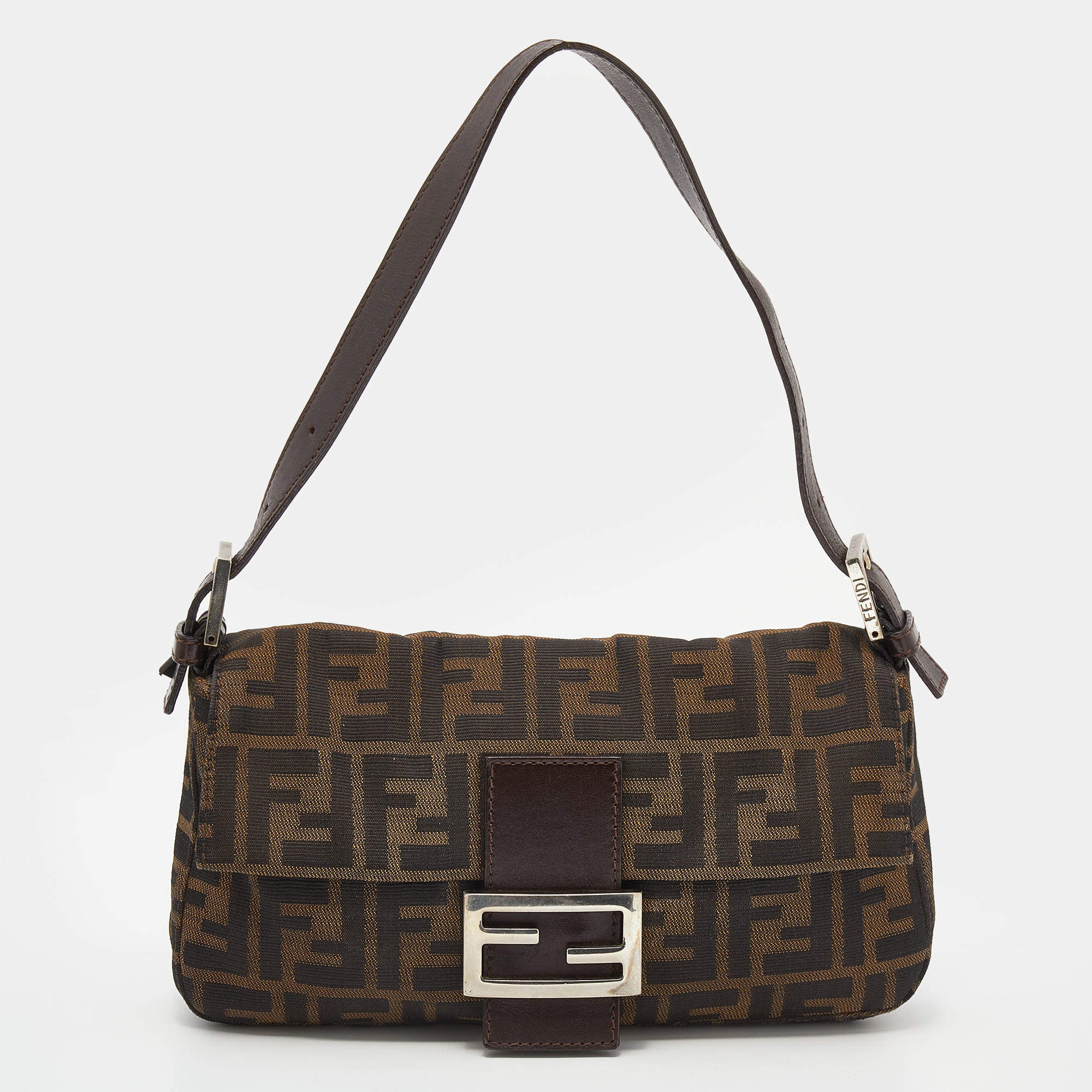 Pre Owned Fendi Tobacco Zucca Canvas And Leather Mini Mama Baguette