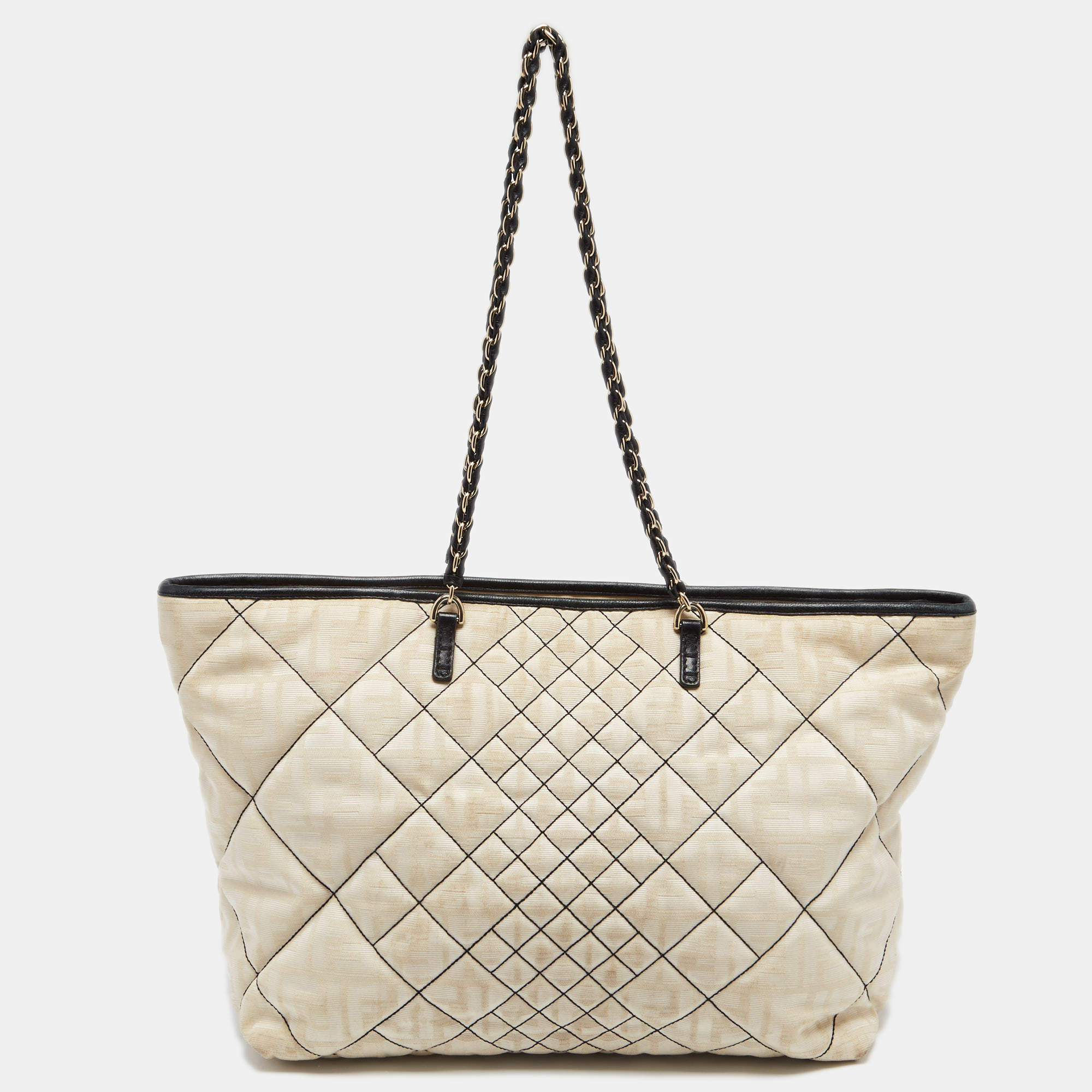 Pre Owned Fendi Cream/Black Zucca Quilted Canvas And Leather Roll Shopper Tote