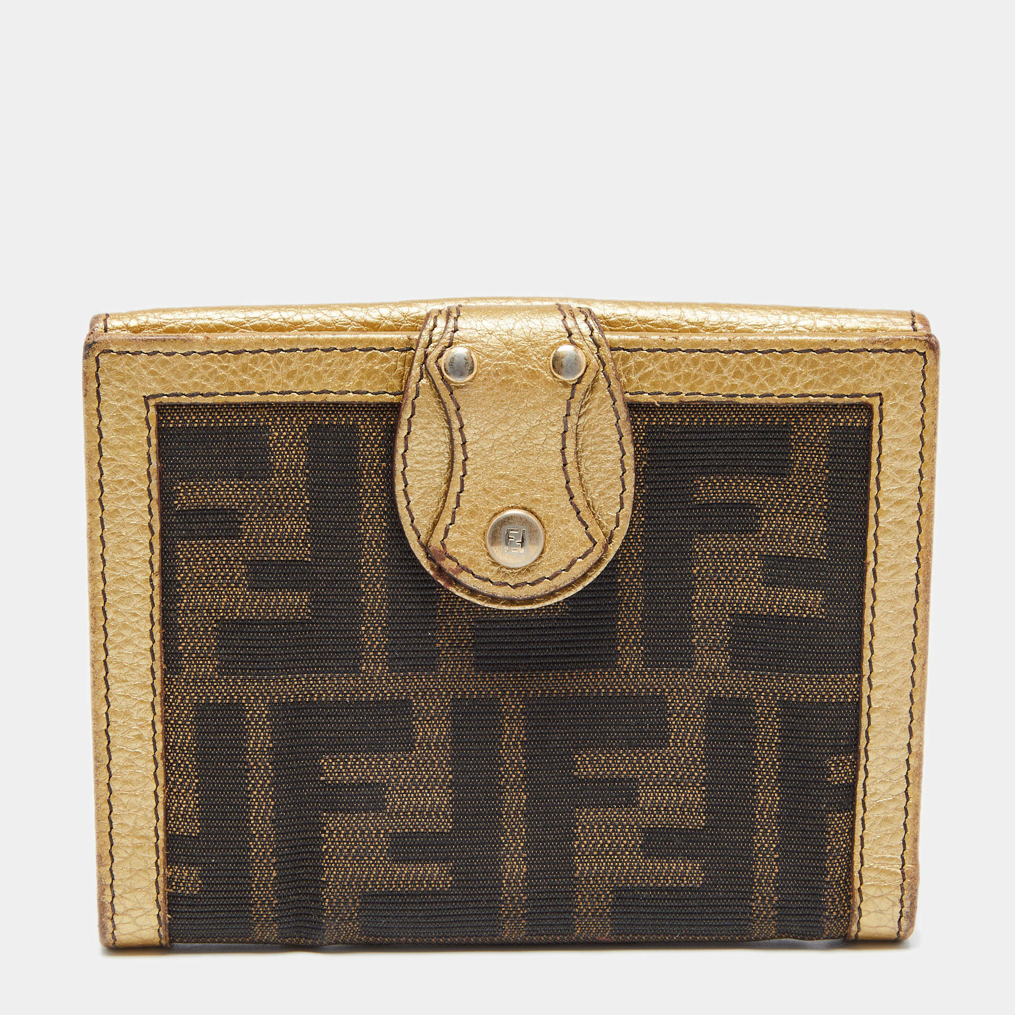 Pre Owned Fendi Tobacco/Gold Zucca Canvas and Leather French Compact Wallet