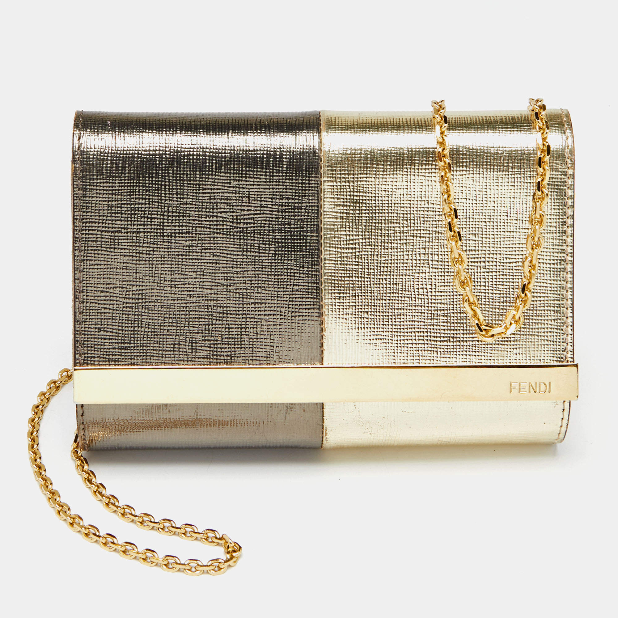 Pre Owned Fendi Metallic Patent Leather Mini Rush Chain Clutch